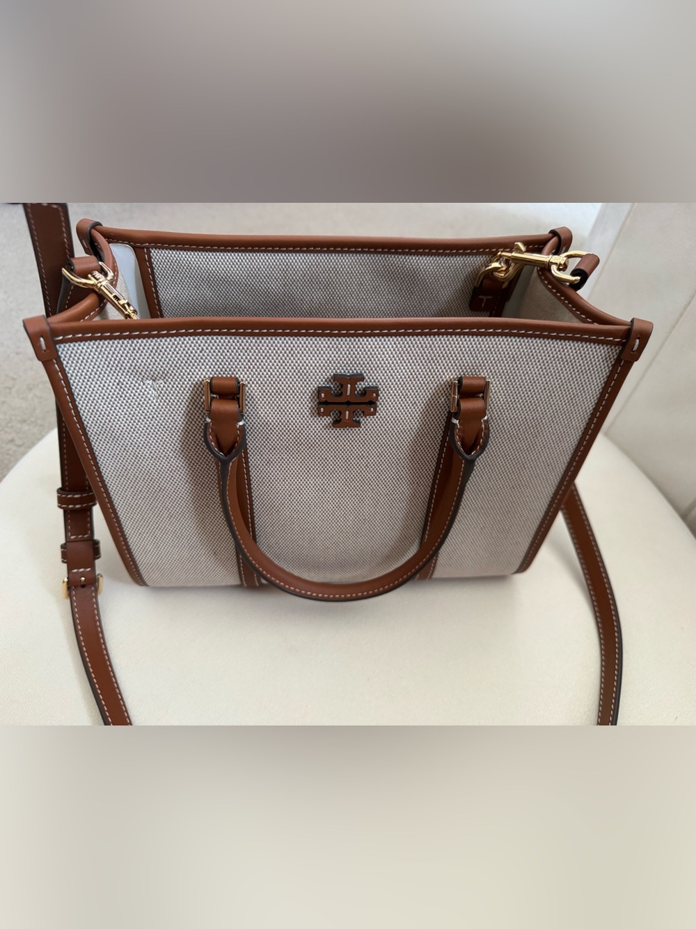 Tory Burch Cream Canvas Tote with Brown Leather Trim